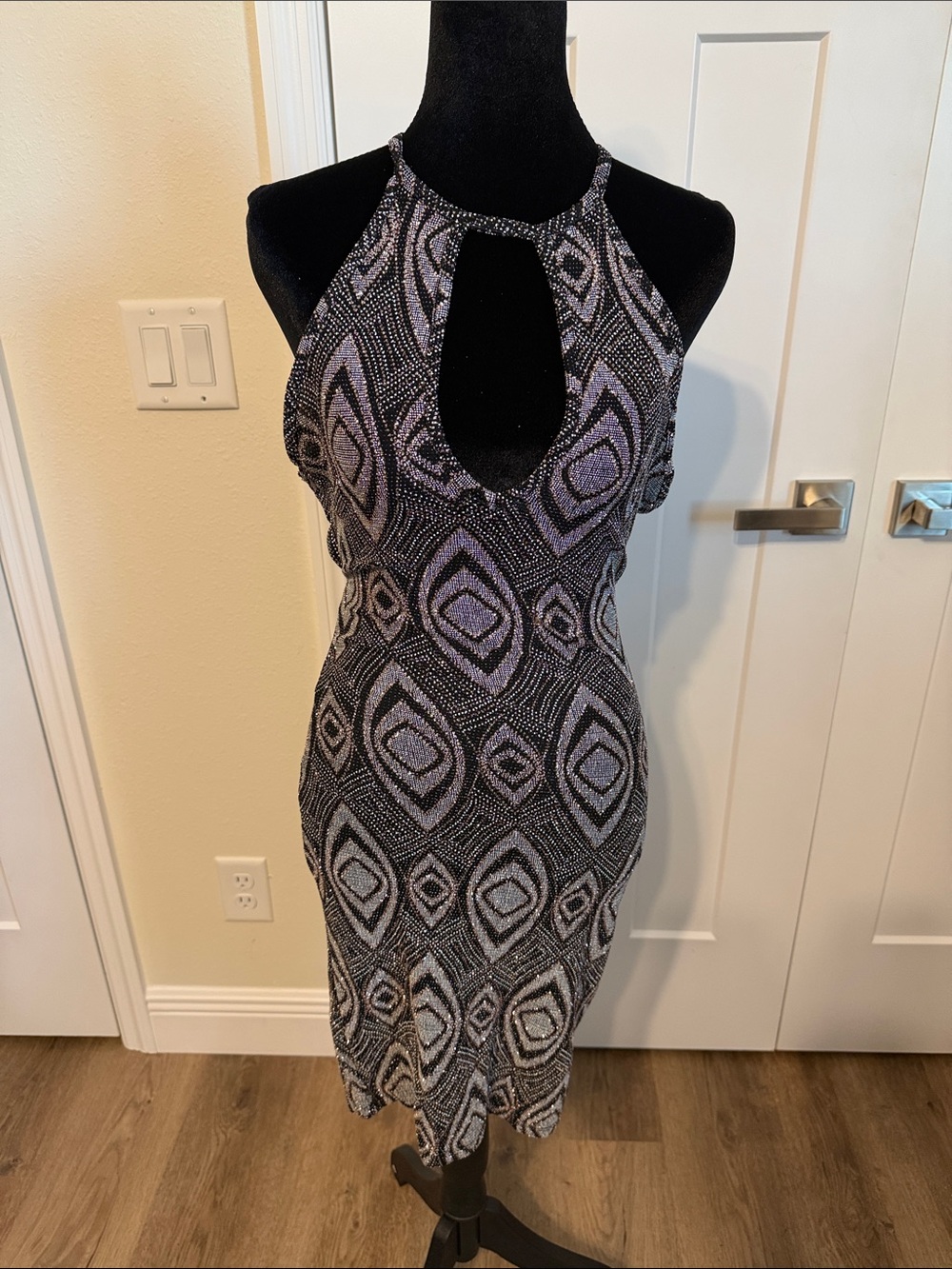 iris Black and Silver Halter Keyhole Bodycon Mini Dress